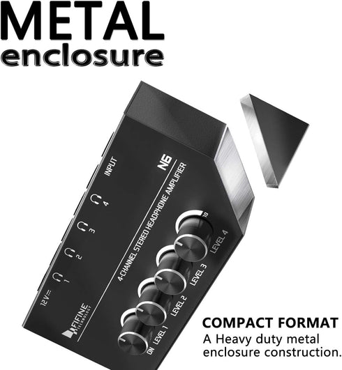 Fifine 4 Channels Metal Stereo Audio Amplifier, Mini Headphone Splitter with Power Adapter, 4x Quarter Inch Balanced