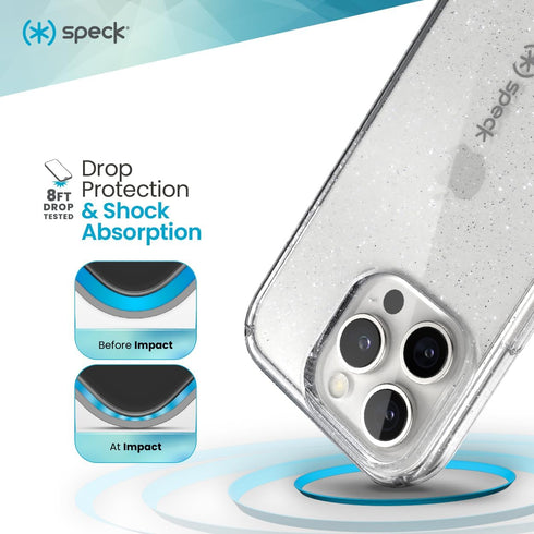 Speck 16 Clear iPhone Pro Case - Slim Phone Case - GemShell - Clear/Platinum Glitter