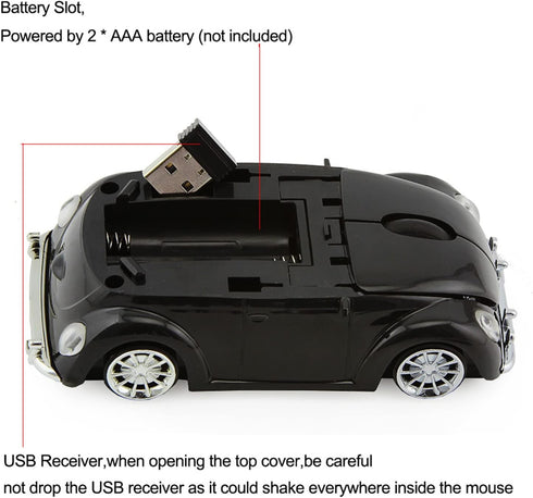 2.4GHz Wireless Mouse Cool Sports Car Shaped Computer Mouse 1200DPI Less Noise Portable USB Mouse Cordless Mouse for PC Laptop Computer Notebook Kids Gift (Black)