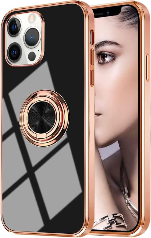 Omorro iPhone 13 Pro Max Case, Rose Gold Kickstand Ring Holder, 360 Rotation Glitter Plating Edge, Slim TPU Case