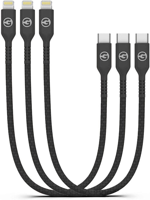 GALVANOX Short Lightning Charging Cable, 3 Pack, Apple MFi Certified USB C to Lightning, 1ft Braided Charger Cords