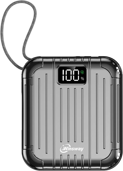 Winsway 10000mAh 22.5W 3A 4 2 Small Power Bank with Built in Cable, Fast Charging, Outputs Inputs, Mini Portable