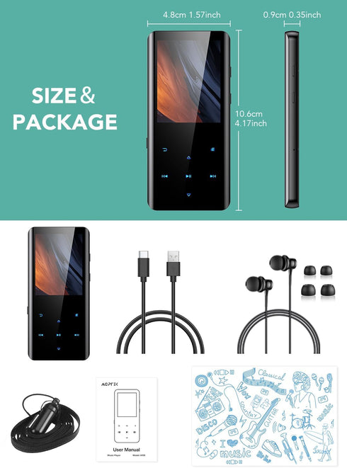 AGPTEK 64GB MP3 5.3, A19PL 2.4" 128GB, Player with Bluetooth Curved Screen Portable Music Player with Speaker Lossless