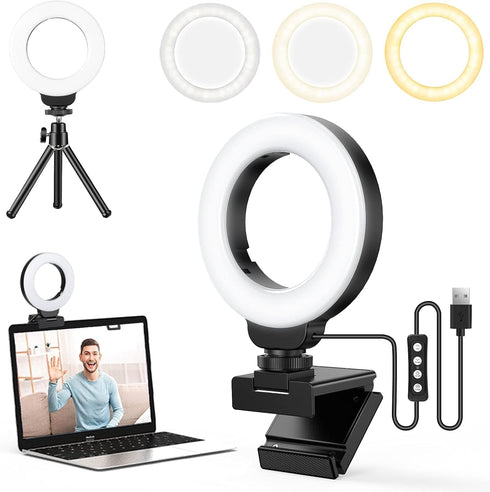Ring Light for Laptop/Computer, 4'' Small Video Conference Lighting with Tripod, 3 Light Modes & 10 Brightness