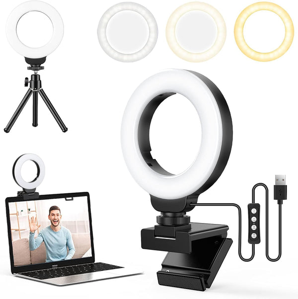 Ring Light for Laptop/Computer, 4'' Small Video Conference Lighting with Tripod, 3 Light Modes & 10 Brightness