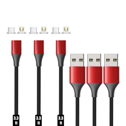 N. NETDOT Magnetic Charging Cable, Gen10 Nylon Braided 2-in-1, 3.3ft/3 Pack Red, Compatible with USB-C and Micro-USB