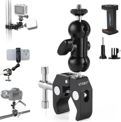 UTEBIT Super Clamp Camera Mount with 360° Ballhead Magic Arm, Desk/Bike/Motorcycle Mount for GoPro, Phone, Camera, LED