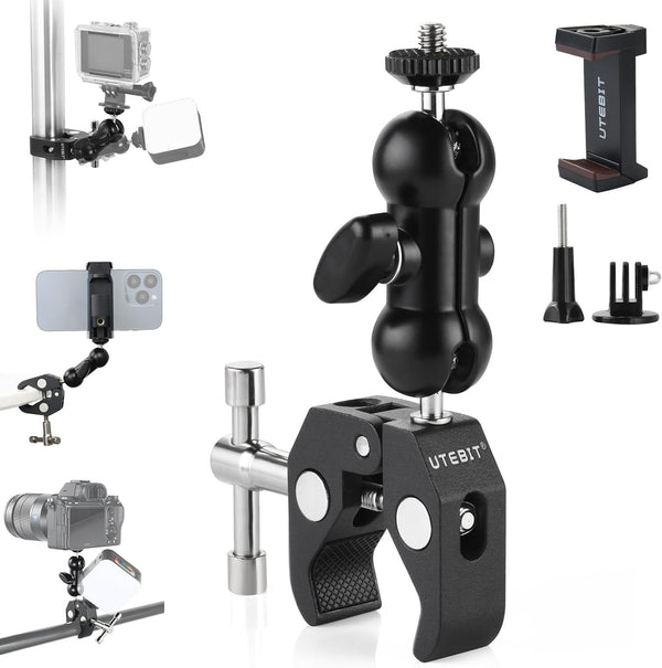 UTEBIT Super Clamp Camera Mount with 360° Ballhead Magic Arm, Desk/Bike/Motorcycle Mount for GoPro, Phone, Camera, LED
