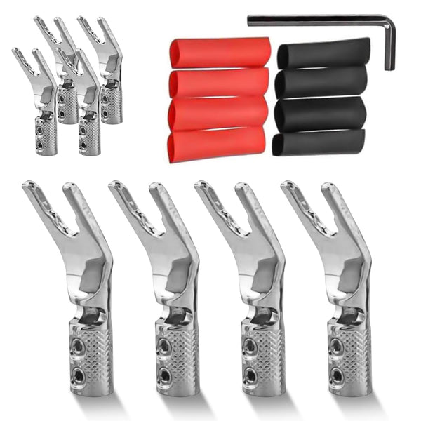Tertullus 8 Pcs DIY Y Plugs, Pure Copper Speaker Spade Connectors, 45 Degree Rhodium Plated Screw Locking Adapter