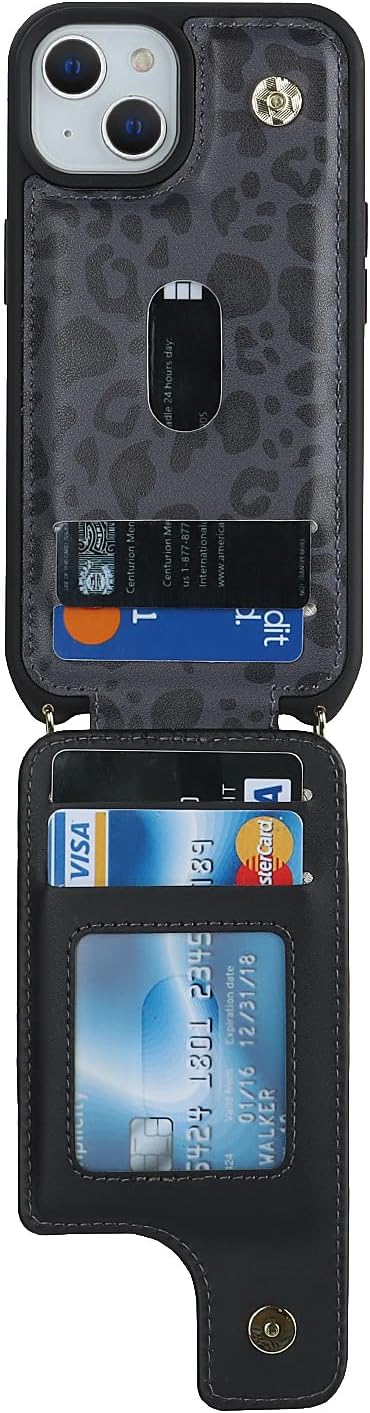 iPhone 13 Case with Card Holder for Women, Phone Case with Strap, Crossbody Lanyard, Ring Stand, Snap Clasp, Cute