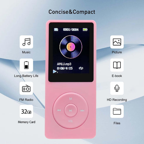MP3 Player 32GB with Speaker Earphones Portable Music Player for Kids Support FM Radio Voice Recorder E-Book Support up to 128GB Pink