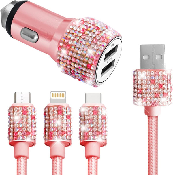 Bling Dual USB Car Charger with 3-in-1 Multi Fast Charging Cable, Rhinestones Car Interior Accessories for Women (Pink)