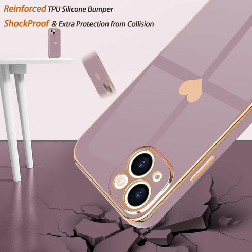 Teageo iPhone 14 Case - Cute Lavender Love Heart, Luxury Electroplate, Soft Bling, Shockproof, Full Camera Protection.