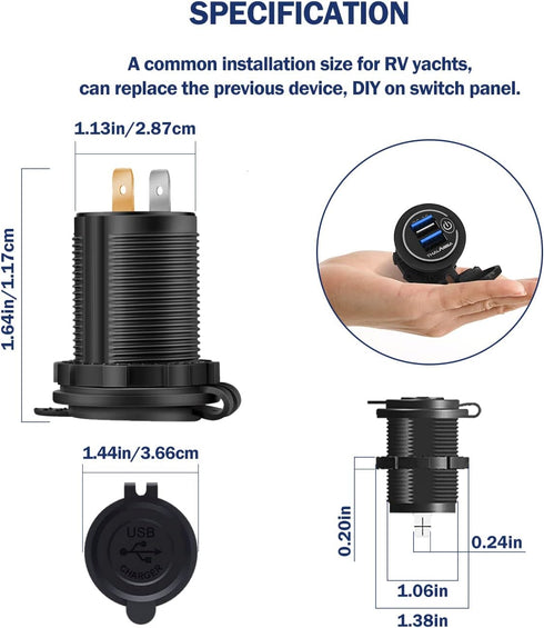 12V/24V 3.0 Dual USB Charger Socket with Touch Switch, Waterproof QC3.0 Fast Charger for Marine, Boat, Motorcycle