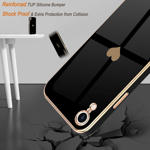 Teageo Compatible with iPhone Xr Case Black - Cute Love-Heart Luxury Bling Plating Soft Back Cover, Raised Full Camera