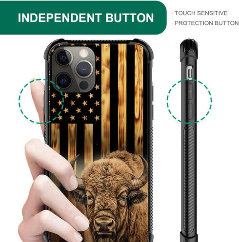 TnXee iPhone 12 Case - Wood Grain American Flag Cow/Bison Design, Shockproof & Anti-Scratch for Men & Women.