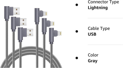 6FT 90 Degree iPhone Charging Cable 3 Pack - 2.4A Super Fast Charging for iPhone Xs Max/XS/XR/7/8/6S/SE (Gray)