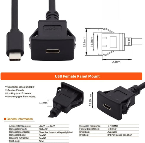 NFHK Waterproof Dustproof USB-C Type-C 10Gbps Extension Cable for Dashboard Panel, Flush Car Latch Mount