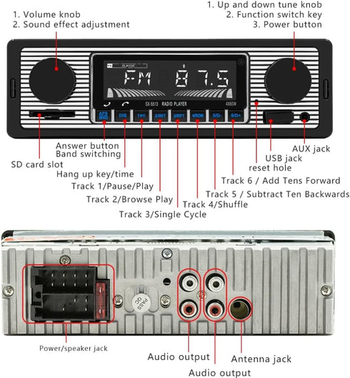 Single Din Car Radio, Classic FM Radio, Bluetooth Car Stereo with Hands-Free Calling and USB Playback