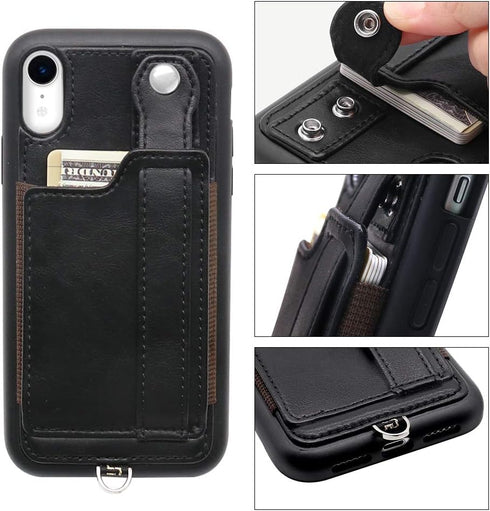 TOOVREN iPhone XR Wallet Case with Strap, Protective Cover with Stand, Adjustable Detachable Lanyard, Black