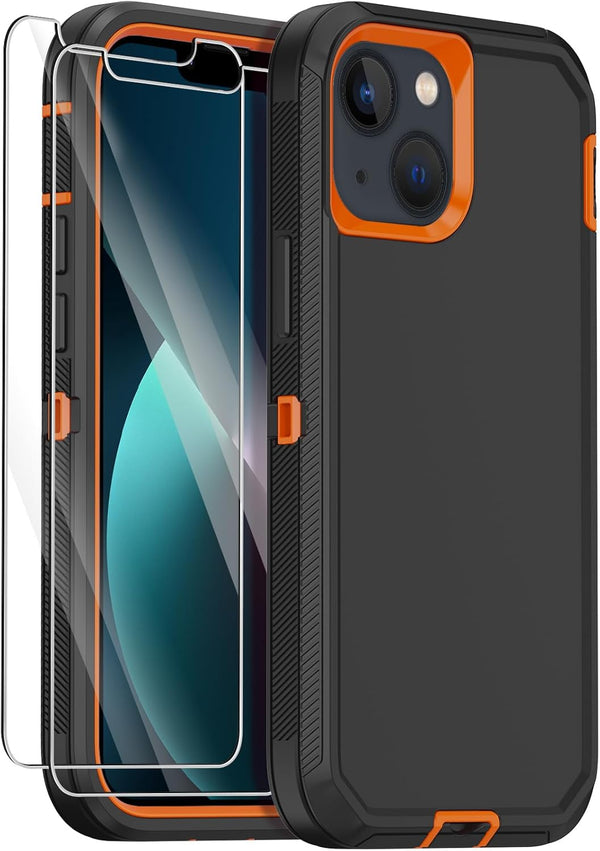 Annymall iPhone 13 Case (Black Orange) - Heavy Duty 3-Layer Shockproof Cover + 2 Screen Protectors for 6.1" Apple