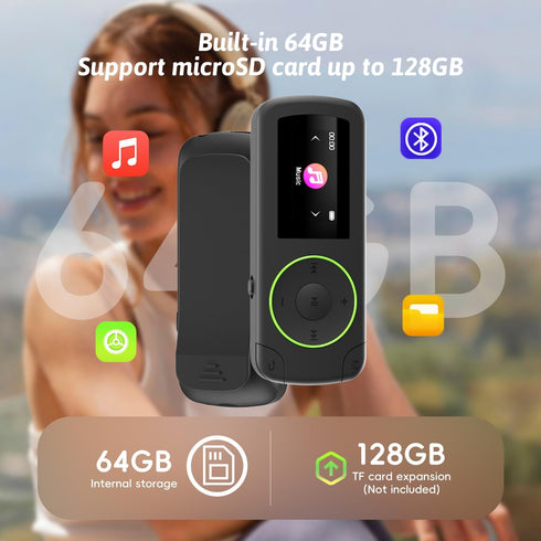 wiwoo 64GB MP3 MP3 Sport Clip on Player with Bluetooth- Superlight Mini Player with Clip and Recorder(No FM), MicroSD