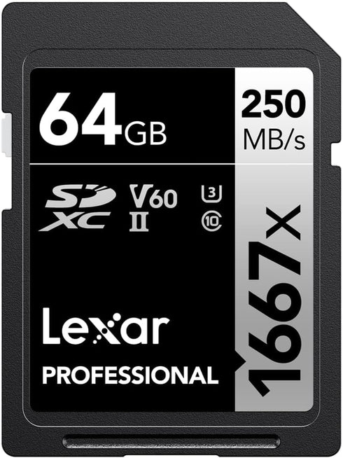 Lexar 64GB Professional 1667x SDXC Memory Card, UHS-II, C10, U3, V60, Up to 250MB/s Read