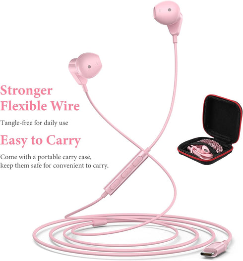 HiFi Stereo USB C Headphones for iPad Pro, iPhone 15/15 Pro Max, Samsung S24/S23 Ultra, OnePlus, Huawei - Pink