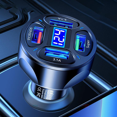 66W Multi Port Car Charger Adapter with Voltage Monitor, 4 USB QC3.0 Super Fast Charge Cigarette Lighter Charger