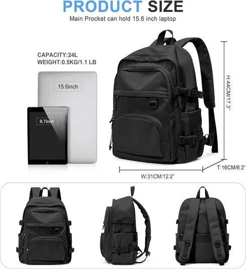 Lightweight Black College Backpack for Women and Men, Cute School Bag for Teens, Waterproof Casual Daypack