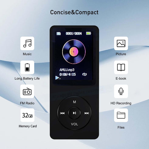 MP3 Player 32GB with Speaker, Portable HiFi Lossless Sound Mini Music Player, Voice Recorder, E-Book, HD Screen - Black