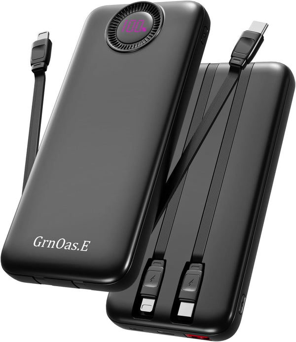 GrnOas.E Power Bank,10000mAh 22.5W Max Portable Charger Built in Cables4 Outputs 2 Inputs