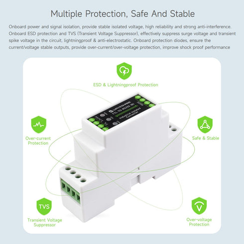 Waveshare Rail-Mount TTL to RS232 Galvanic Isolated Converter: Full-Duplex Communication and Multi-Isolation Protection