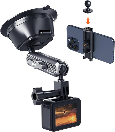 Suction Cup Mount for Gopro iPhone, Anti-Shake Metal Arm Car Camera Mount with 1/4 Thread & Phone Holder for VLOG/Video