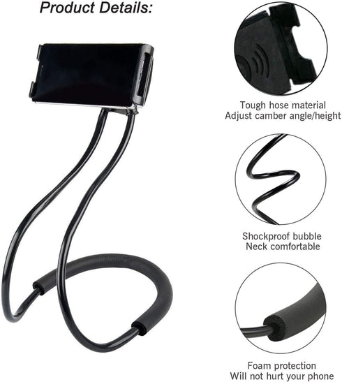 Upgraded Cell Phone Stand Hanging on Neck, Hands-Free Mobile Phone Holder Clip on Bed/Table 360° Rotation