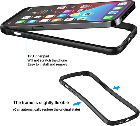Eastcoo Slim Metal Bumper Case for iPhone 12 12 Pro, Metal Bumper Cover with Soft TPU Inner, Black