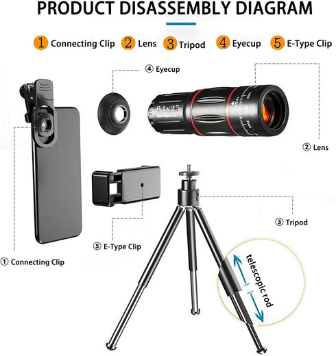 LXSMPWY 64X Zoom Mobile Phone Telephoto Lens with Tripod & Phone Clamp - HD FMC Monocular Lens for Long Distance
