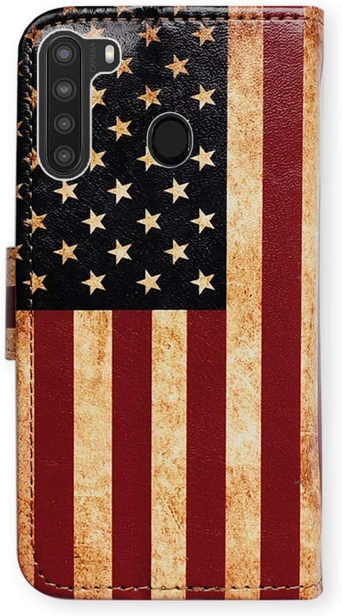 Case for Galaxy A21, Retro American Flag Leather Flip Wallet Cover with Card Slot Holder for Samsung Galaxy A21