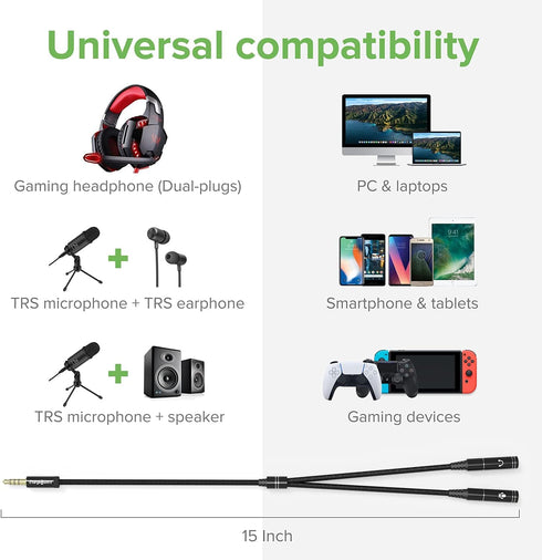 3.5mm Audio Y Splitter Adapter for Gaming PC, PS5, PS4, Xbox Series X, One S, Tablet, Mobile, Laptop, Gaming Headset.