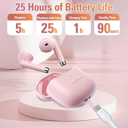 Pink True Wireless Earbuds Bluetooth 5.3 with Microphone, Noise Canceling, Deep Bass TWS Earphones with Charging Case