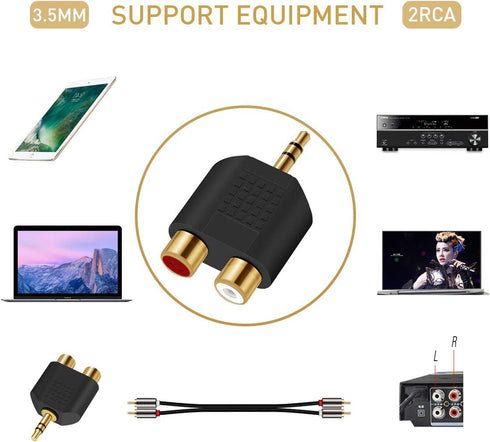 3.5mm to RCA Splitter Adapter - Gold Plated 3.5mm Male Stereo to 2 RCA Female Jack Y Plug Audio Converter (2 Pack)