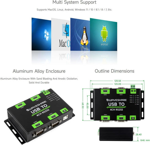 Waveshare Industrial Isolated USB to 4CH RS232 Converter (DB9 Female Interface), Adopts Original FT4232HL Chip,