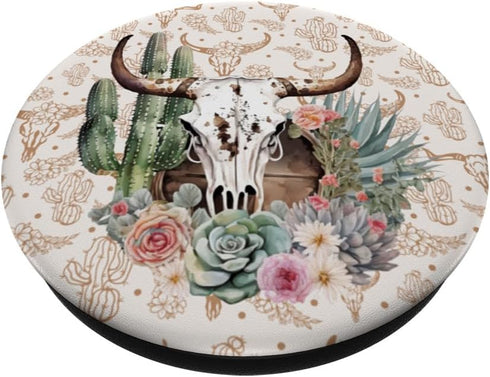 Western Boho Chic Longhorn Bull Skull Cactus Beige Pattern PopSockets Standard PopGrip