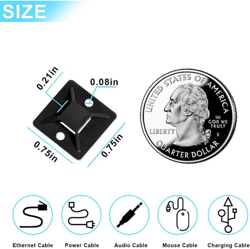 Zip Tie Mounts - Small Cable Tie Adhesive Mount, 3/4in black 100PCS. Wires Zip Tie Adhesive-backed anchors for Pedal Board Cable Management Indoor by Darkbush
