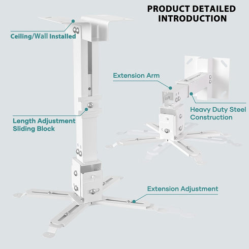 HISUNSING 3-in-1 44lb, Projector Ceiling Mount with Extension Pole, Wall Projector Mount Height Adjustable, Bracket