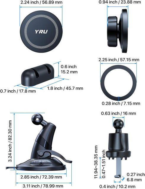 YRU 360 2800gf 17 16 15 14,Black [True Upgraded Military-Grade Phone Holder for Magsafe Car Mount Rotating Vacuum