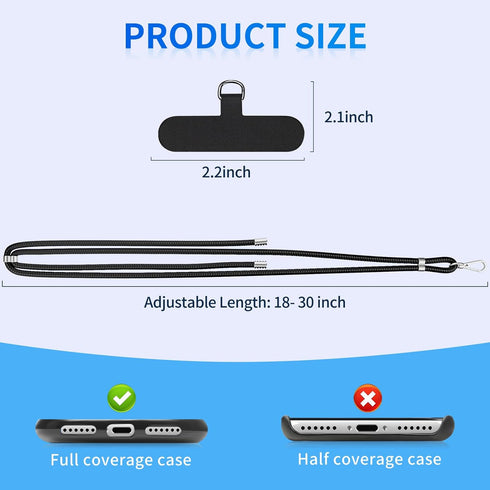 SS Cell Phone Lanyard - 2 Adjustable Neck Straps, 2 Phone Tether Tabs, Universal Crossbody Strap, Black Grey