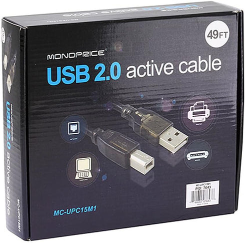 Monoprice USB 2.0 Extension Cable, Male to Male, USB Type-A to USB Type-B, Active, 49 Feet, Black