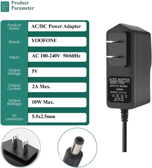 5V 2A DC Power Supply Adapter Power 100-240V AC to DC 5 Volt 2 Amp 10W Converte AC/DC Adapter with 5.5 x 2.5mm/5.5x2.1mm tip for TV Box LED Strip Lights Speaker Camera Router