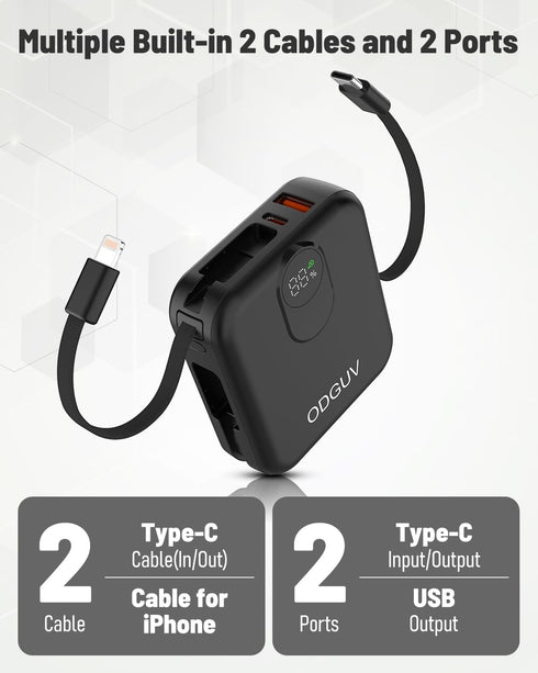 ODGUV Cables,22.5W Pack 10000mAh,Travel Small Portable Charger with Built-in Fast Charging Power Bank,USB-C Mini